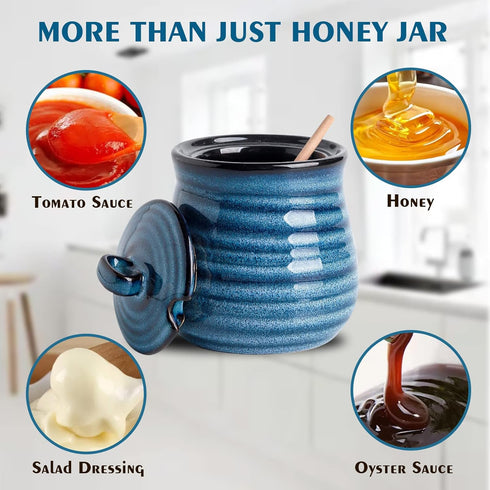 12 Set, HASENSE Ceramic Honey Pot with Lid, Ounce HoneyJar with Wooden Dipper, Honey Dipper Stick and Jar Cute Small
