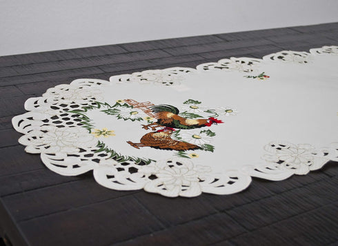 Country (15Wx54L) Embroidered Rooster Chic Lace Farmhouse Table Runner, Dresser Scarf, Coffee Table Runner