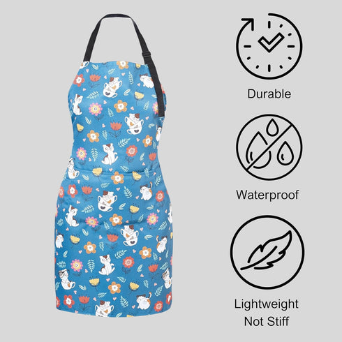 KOPY Cat Apron for Women - Cute Waterproof Apron with Pockets for Kitchen, Cooking, Grooming, Gardening, Colorful Fun