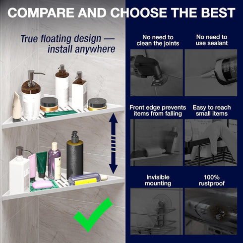 iReef way 16" Bathroom Corner Shelves for Shower - Adhesive / Stick / Drill / No Drill - Strong White Floating Corner