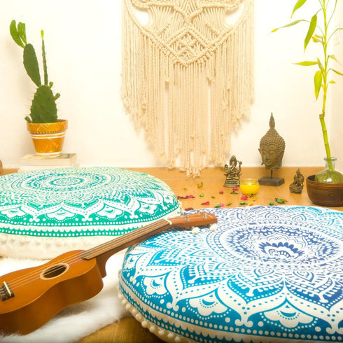 Bohemian Round Floor Cushion Cover for Yoga and Meditation - Handcrafted Organic Cotton Pouf