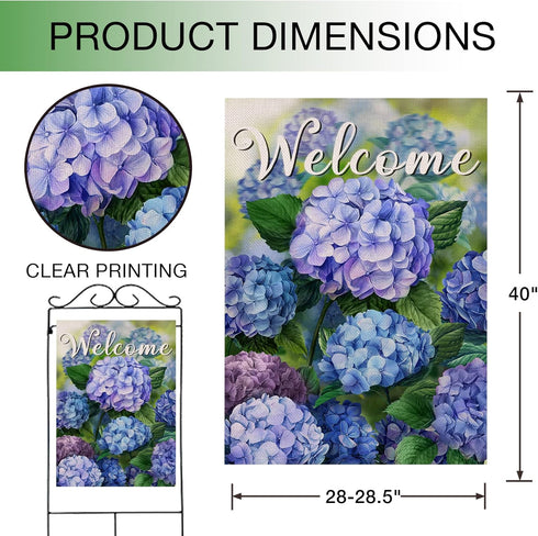 Welcome Spring Floral Flowers House Flag Double Sided, Hydrangea Decorative Garden Yard Outdoor Large Decor, Summer Farmhouse Burlap Home Outside Decoration 28 x 40