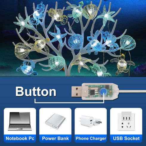 Indoor Ocean Theme String Lights - 10ft 30 LED Nautical Décor, USB or Battery Operated Twinkle Fairy Lights for