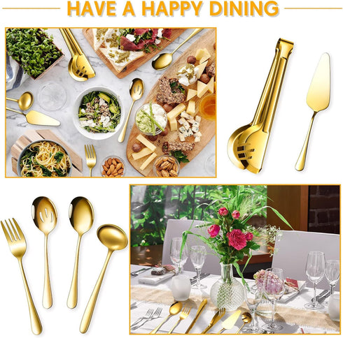 Serving Utensils Set of 10, Includes Large Spoons, Slotted Spoons, Forks, Tongs, and Soup Ladle in Gold