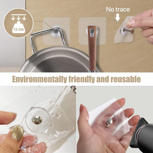 Reusable Adhesive Wall Hooks 10 Pack, 13.5lbs Max, Transparent, Waterproof and Oilproof for Bathroom Kitchen