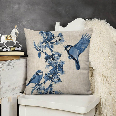 Chinoiserie Pillow Cover Blue Cherry Blossom and Birds Cotton Linen Decorative Throw Pillow Case Cushion Cover for