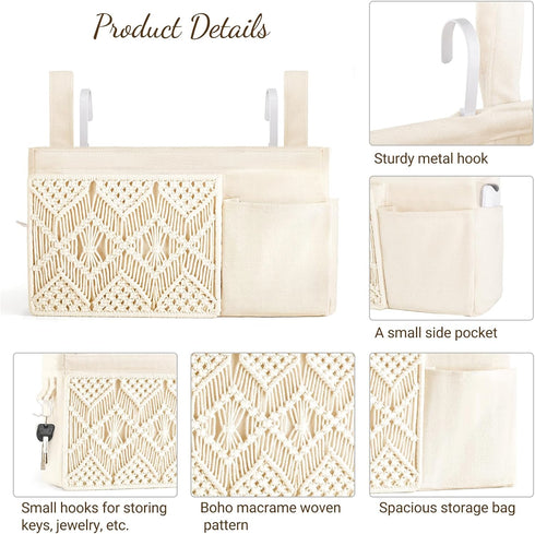 Mkono Boho Macrame Bedside Caddy Hanging Organizer, 4 Pockets for Remote, Magazine, Accessories, Fixed Straps and Hooks