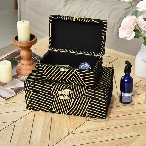 Velvet Decorative Boxes Storage Accessory Organizer with Gold Stripe, Set of 2, Black