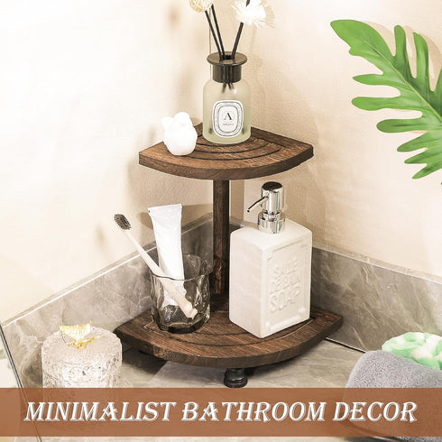 Tikea Decorative Wood Riser for Display, 2-Tier Rustic Corner Shelf for Kitchen Bathroom Counter Decor, Brown Pedestal