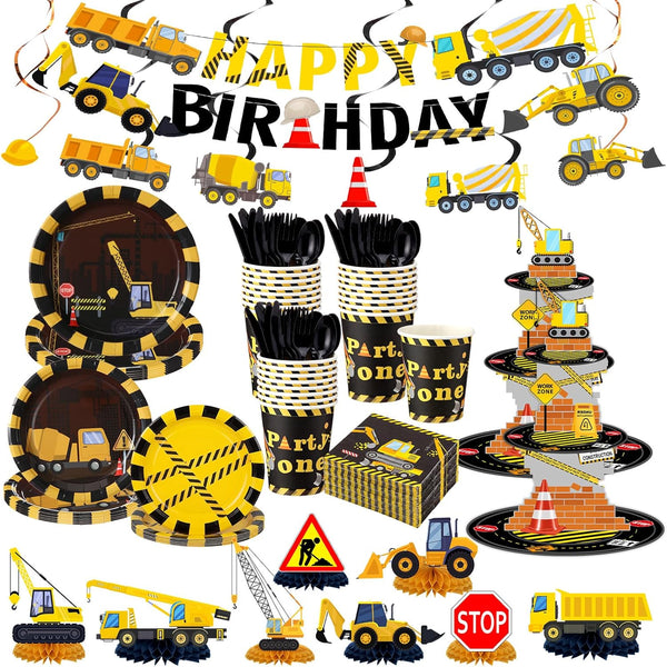 258 Pcs Construction Birthday Party Supplies Decoration Include Disposable Paper Plate Napkin