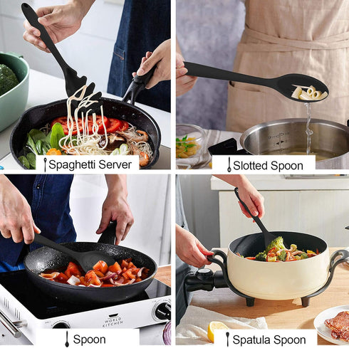 LIANYU 12-Piece Black Silicone Kitchen Cooking Utensils Set with Holder, Includes Slotted Spatula, Spoon Turner, Ladle,