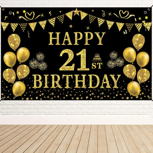 Trgowaul 21st Birthday Decorations for Her Him, Black Gold 21st Birthday Backdrop Banner, Party Supplies Photography