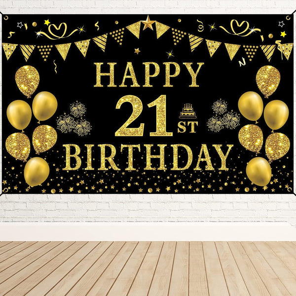 Trgowaul 21st Birthday Decorations for Her Him, Black Gold 21st Birthday Backdrop Banner, Party Supplies Photography