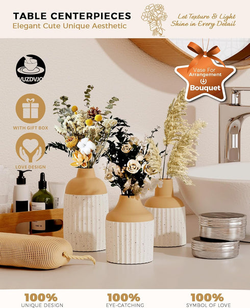 VUZDVJO Set 3 Beige Decorative Vase of - Modern Boho Style Ribbed Ceramic Bud Vases for Flowers, Mini Small Vases