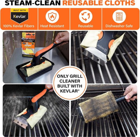 Set 1 2 1 Proud Grill Q-Swiper XL Steam-Clean BBQ Grill Cleaner - Bristle & Wire-Free Brush with Scraper, Kevlar Steam