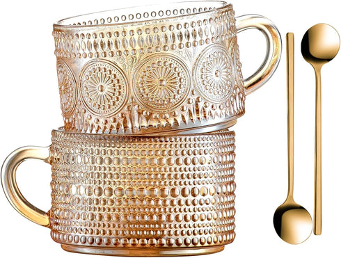 Gezzeny Vintage Coffee Mugs 14 Oz Set of 2 Amber Embossed Glass Tea