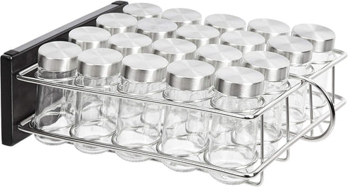 20 Amazon Basics Jars Spice Rack Organizer, Space-Saving Kitchen Organizer with Glass Spice Jars, Sturdy, Silver