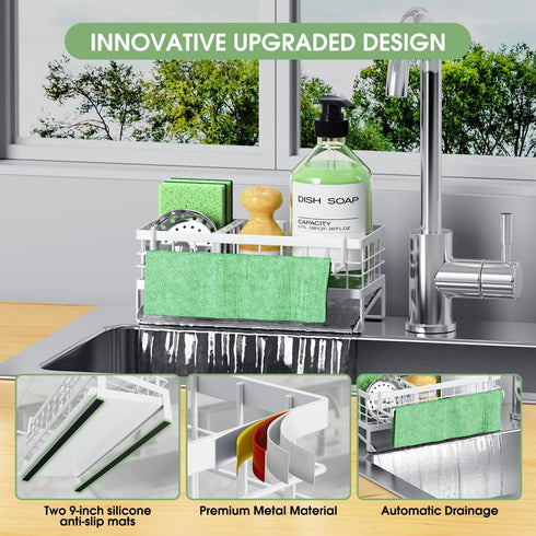 Self-Draining Kitchen Sink Caddy, Rustproof Non-Slip Sponge Holder with Detachable Dish Cloth Holder (White)