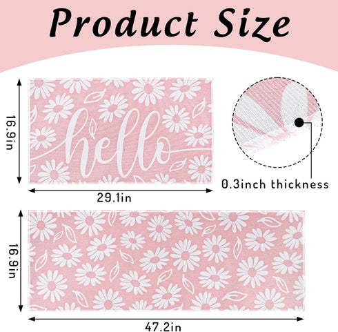Spring Kitchen Rugs Set of 2, Pink White Daisy Flower Door Mat Non Slip Floor Rugs for Home Kitchen Room Decor