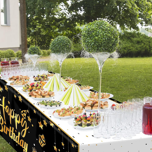 Ruisita 2 Pack Black Gold Table Cloth Cover, Happy Birthday Tablecloths for Indoor or Outdoor Parties