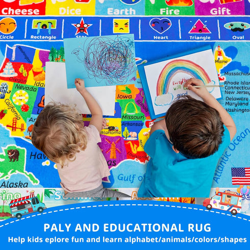 59"39.4" USA Map ABC Kid Rug for Playroom Geography Classroom Play Rug Educational Baby Playmat Alphabet Mat State