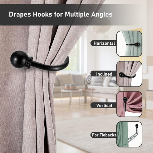 Sumnacon Set of 4 Decorative Curtain Holdbacks, Wall Mounted Aluminum Alloy Drapery Tiebacks for Bedroom, Black