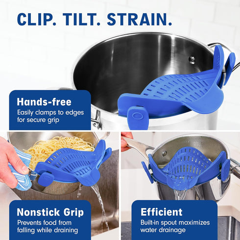 Kitchen Gizmo Snap N' Strain, Silicone Clip-On Colander for Vegetables and Pasta, Essential Cooking Tool