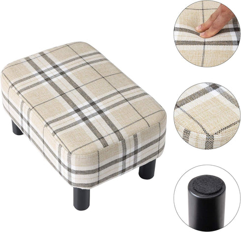 16.54" RF-BD215 IBUYKE Small Footstool, Linen Fabric Pouf, with Padded Seat Pine Wood Legs and Padded Rectangular