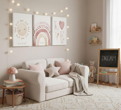 3 Pcs Nursery Canvas Wall Art Pink Sun Rainbow Hearts Posters Prints Boho Kids Room Pictures Wall Decor for Toddlers