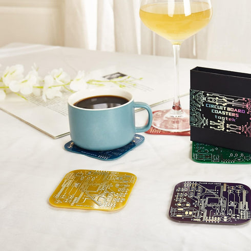 Immersion (2 Purple/Pack) PCB-Design Purple Coasters - Gold Circuit Board Coasters for Coffee Table, Gamer, Bar, Office