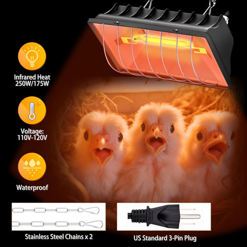 250W Heat Lamp for Chickens, Chicken Heat Lamp, Brooder Heater for Chicks, Hanging Light Heated Adjustable Temp