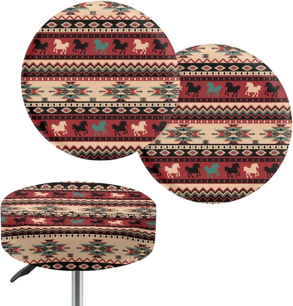 Sellikakes Red Tribal Horse Decor Bar Stool Covers, Round Seat Cushions 12-16 Inch