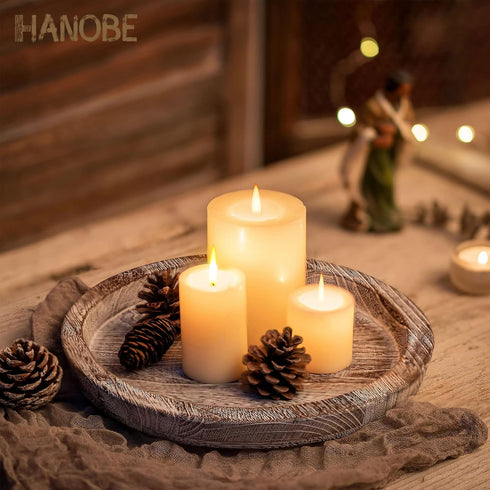 Set 2 Counter Hanobe Rustic Wooden Serving Tray of Round Wood Butler Decorative Tray Whitewash Centerpiece Candle