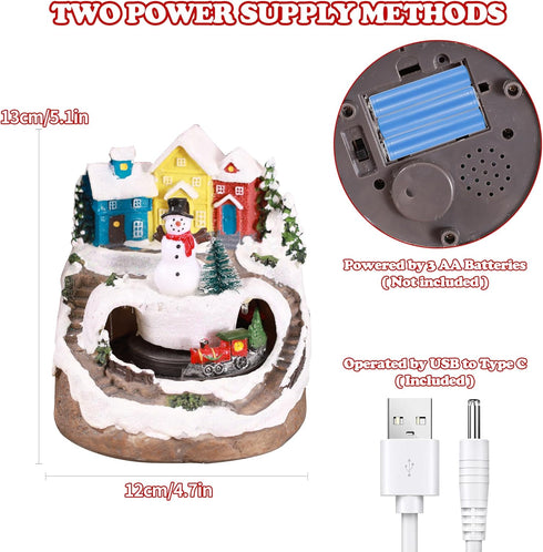 Musical Christmas Village Houses with LED Light & Rotating Train, Ornaments Centerpiece Decor with USB and Battery