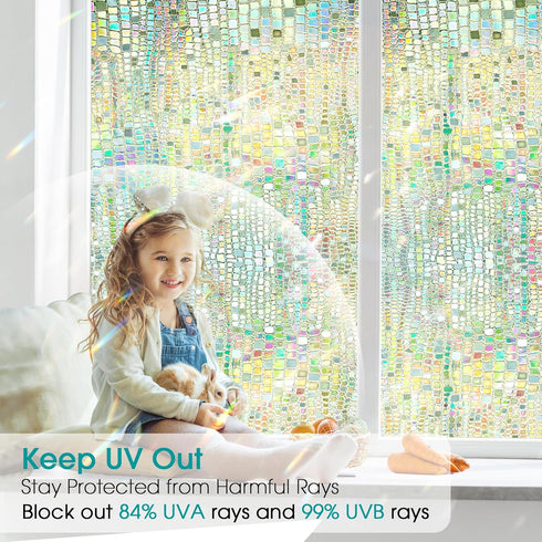 Windimiley Rainbow Window Film Privacy, 3D Stained Glass Clings, Decorative Prism Holographic Static Decals, 17.5x78.7In