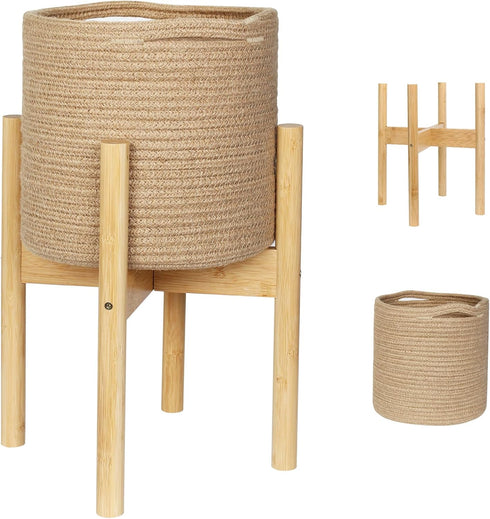 WILLITAT Plant Basket with Stand, Indoor Round Wicker Basket Plant with Bamboo Wood