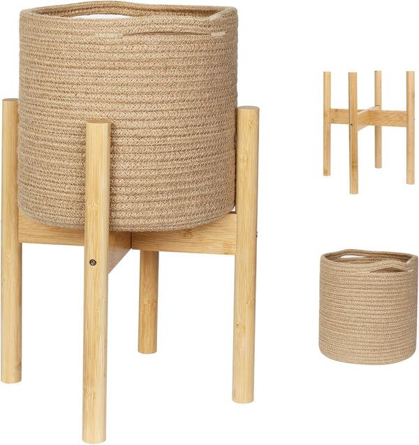 WILLITAT Plant Basket with Stand, Indoor Round Wicker Basket Plant with Bamboo Wood