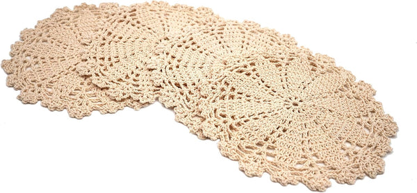 Phantomon 7 Inch Doilies - Handmade Round Crochet Cotton Lace Placemats, Pack of 4 (Beige)