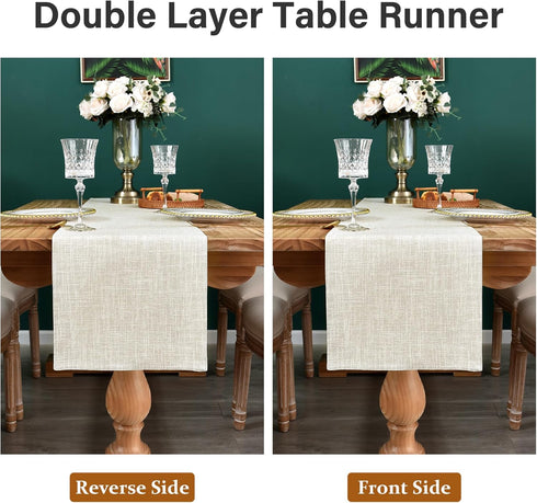 13x36 Inch Farmhouse Rustic Faux Linen Table Runner Neutral Beige Table Runners Double Layer Reversible Rectangle