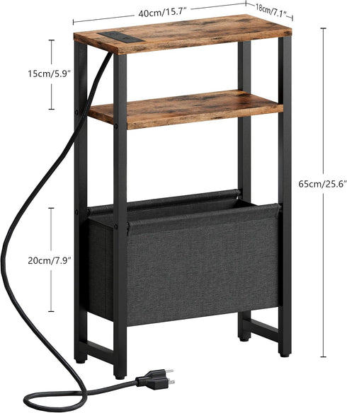 3 LET503RE Narrow Side Table with Charging Station Slim End Table Sofa with Magazine Rack, Bedside Table for Small