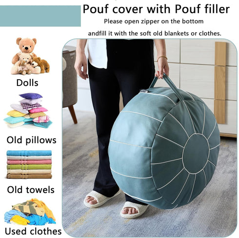 21 Inch Louis Donn UNSTUFFED Moroccan Pouf Ottoman Cover, Handmade Faux Leather Foot Stool, Round Storage Poof Cover