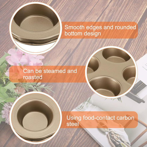 uxcell 6-Cup Non-Stick Cupcake Pan, Round Carbon Steel Baking Molds for Muffins and Cakes, Gold