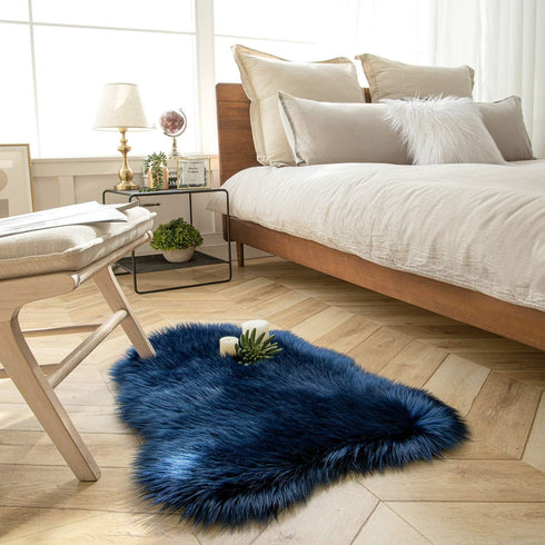 Ashler Fluffy Shaggy Area Rug, Ultra Soft 2 x 3 Feet Sheepskin Fur Rug, Navy Blue, Machine Washable for Bedroom, Living