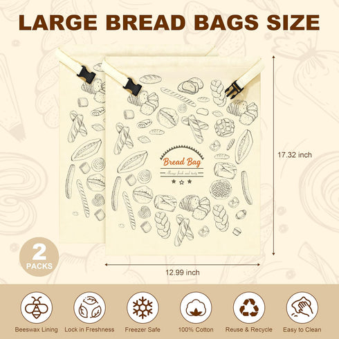 2 Packs BuyCard Bread Bag Reusable Beeswax Food Storage Bag, Natural Cotton with Bread Pattern Design, Zipper Reusable