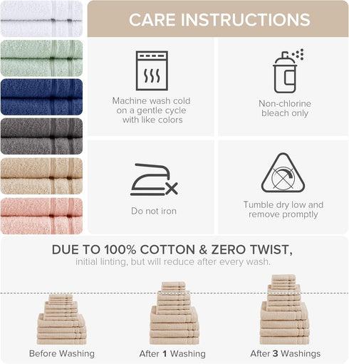 12-Piece Set 4 4 4 100% Comfort Spaces Luxury Bath Towel - Large, Hand, Washcloth, Cotton, Quick Dry, Zero Twist, Soft