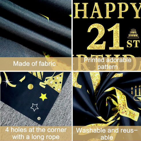 Trgowaul 21st Birthday Decorations for Her Him, Black Gold 21st Birthday Backdrop Banner, Party Supplies Photography