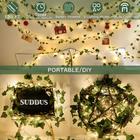 13.1ft 40 suddus Vine with Fairy Lights Battery Operated, LED Ivy String Light with Remote, Leaf Lights for Bedroom