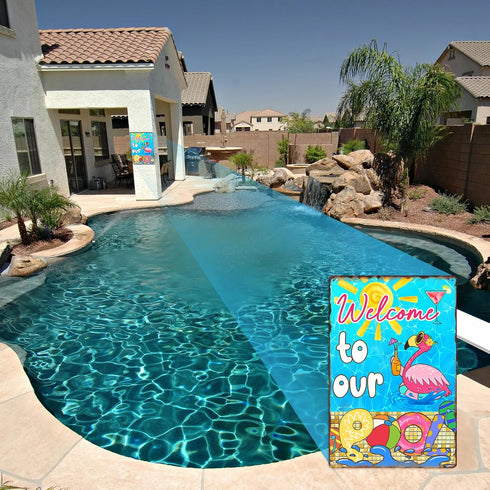 Welcome to Our Pool Tin Sign, Swimming Pool Metal Decor Gifts for Summer Garden, 12x8 Inch (Flamingo Pool)