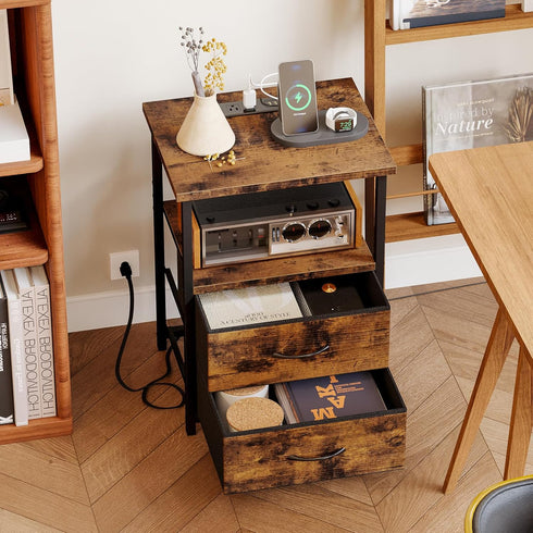 Fixwal Night Stand with Charger Station, Nightstand with Charging Station & Fabric DrawersRustic Brown