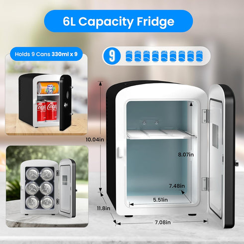 Simple Deluxe 6L Portable Mini Fridge with Observation Window, Warmer and Cooler for 9 Cans, Eco Friendly, Black